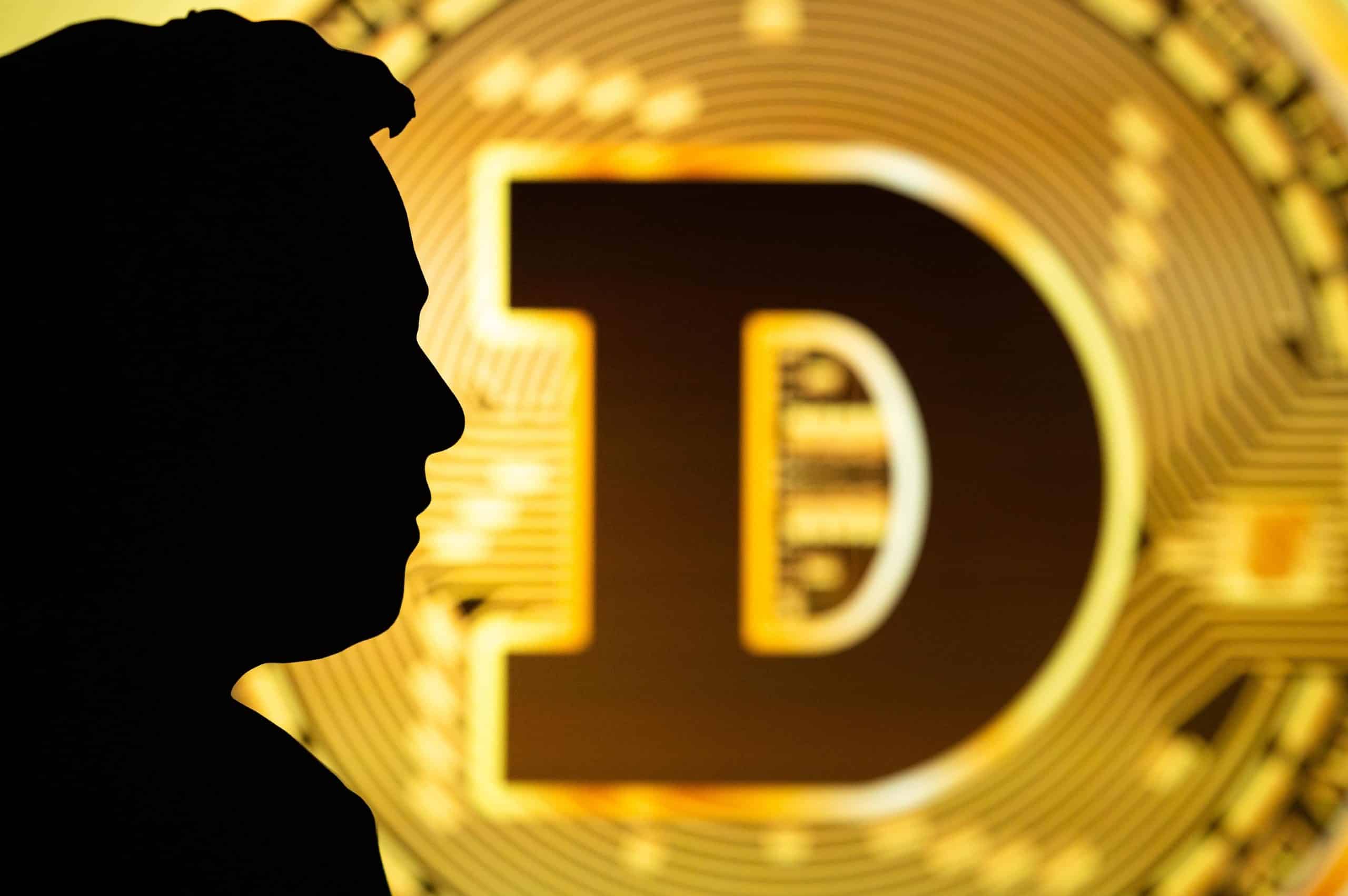 dogecoin logo with Elon Musk silhouette