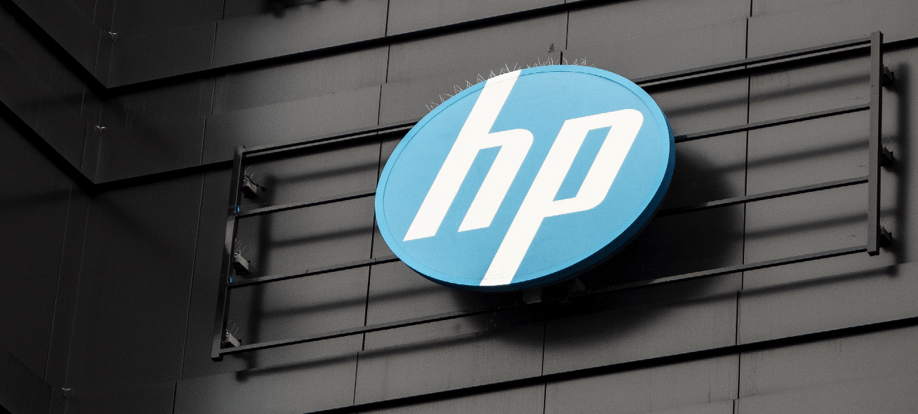The logo of American Hewlett-Packard Enterprise company on a black building