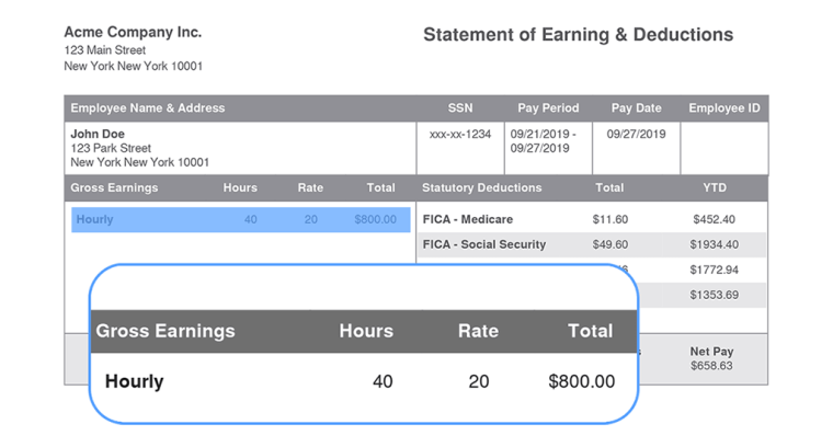 pay stub with gross earnings